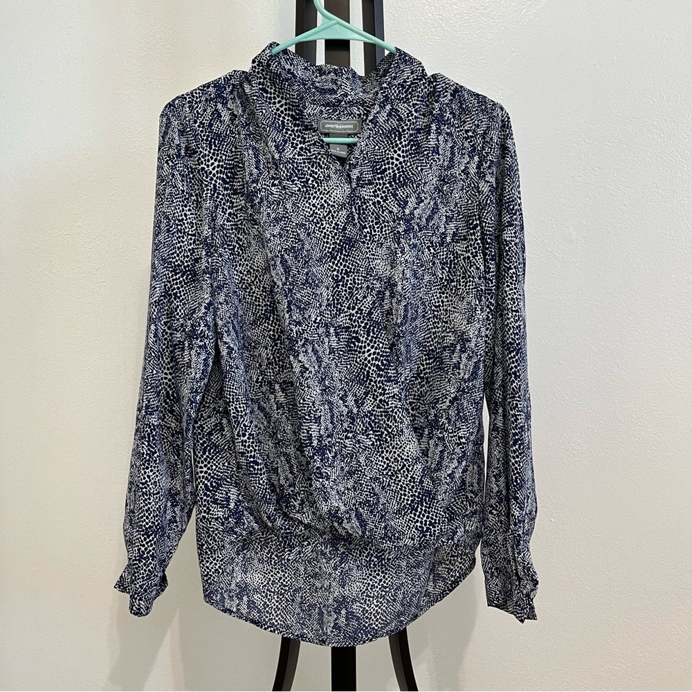 Womens Faux Wrap Long Sleeve Hi Low Hem Blouse Blue White‎ Workwear Size S